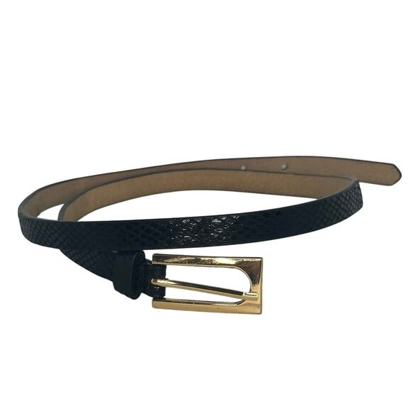 Black Leather Skinny Belt L Snakeskin Print Gold Tone Buckle Elegant Retro Chic - Picture 1 of 5